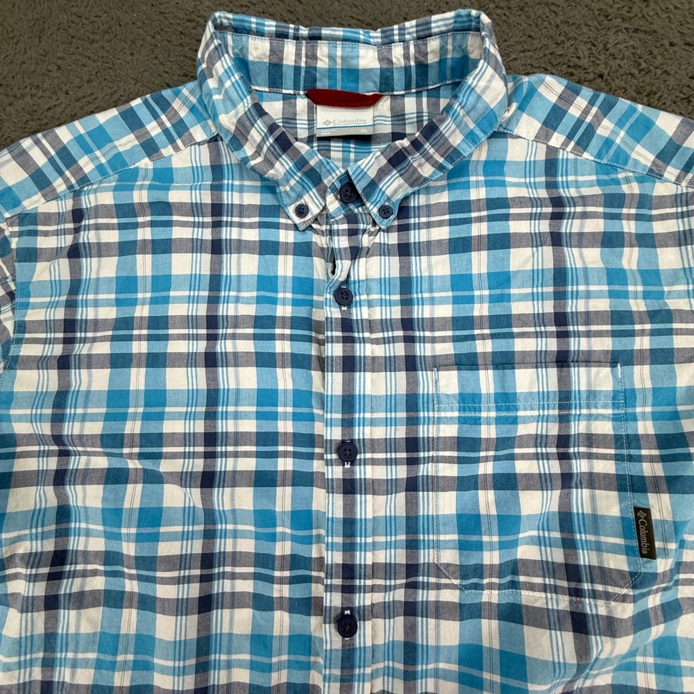 Columbia Button Front Shirt Mens XL Blue Plaid Short Sleeve‎ Casual Hiking